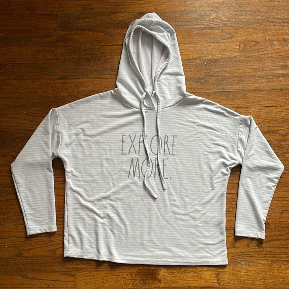 Rae Dunn Light Blue and White Striped “Explore More” Hoodie